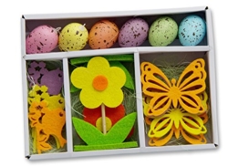 16-teiliges Osterdekorations-Set: 6 Ostereier zum Hängen, 2 Dekoblumen, 4 Schmetterlinge, 4 Vögel, aus Holz, Filz und Kunststoff, Ostern Blumen Eier Flühling -