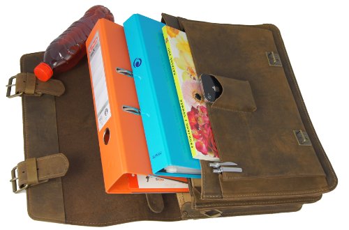 Aktentasche FREIHERR VON MALTZAHN, 3 Fächer für Notebook, Ordner, Telefon, braunes BIO Leder, Made in Germany -