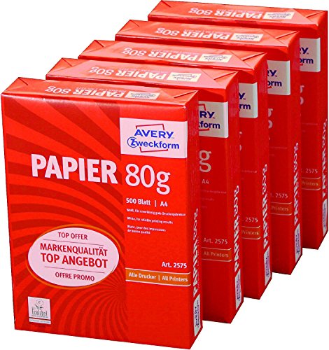 Avery Zweckform 2575 Drucker- und Kopierpapier A4, 80 g/m², 5 x 500 Blatt, alle Drucker, weiß (Frustfreie Verpackung) -