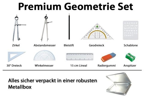 Calcuso Geometrie Set (10-TEILIG) inkl. Zirkel, Geodreieck etc.- alles in sicherer METALLBOX -