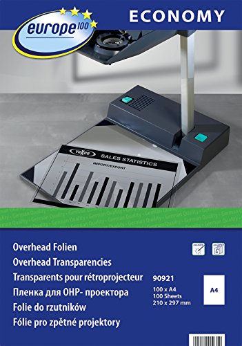 europe100 90921 Overheadfolie für Laserdrucker und Kopierer, DIN A4, 100 Blatt, transparent -