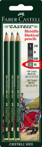 Faber-Castell 111198 - 3 Bleistifte CASTELL 9000, Härtegrad: H, Schaftfarbe: grün -