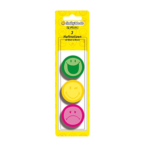 Herlitz Haftnotizblock Smiley World, rund, 3-er Pack, 40 Blatt, neon grün/-gelb/-pink -