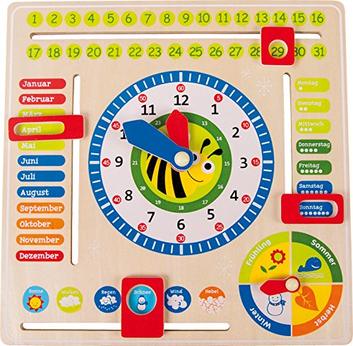 Lernuhr aus Holz, farbenfrohe Lerntafel enthält Datum, Uhrzeit als auch Jahreszeiten, mit drehbaren Zeigern und schiebbaren Kästchen, für Kinder ab 3 Jahren -
