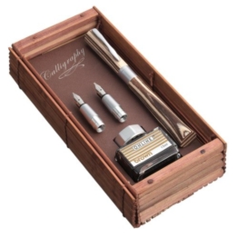 Online 37712 Kalligrafie-Füllhalter Newood, 1.4 mm, Griffstücke 0.8 und 1.8 mm, Tintenglas mit brauner Tinte und Konverter, Bamboo Box, holz -