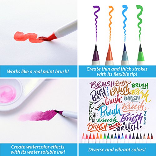 Pinselstift-Set - 20 Farben - weiche flexible Echtpinsel-Spitze, langlebig, Wasserfarben-Effekt, Aquarell - Ideal für Malbücher, Manga, Comic, Kalligrafie, duale Stärke, MozArt Supplies -