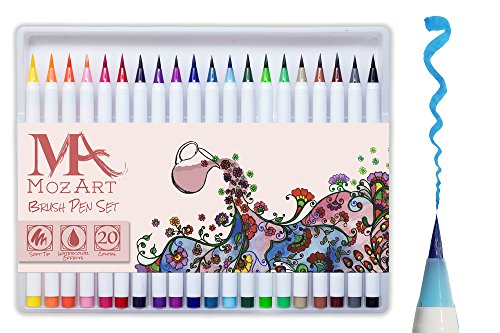 Pinselstift-Set - 20 Farben - weiche flexible Echtpinsel-Spitze, langlebig, Wasserfarben-Effekt, Aquarell - Ideal für Malbücher, Manga, Comic, Kalligrafie, duale Stärke, MozArt Supplies -