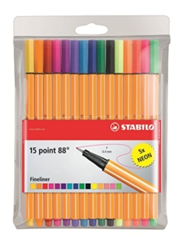 STABILO point 88 15er Etui, 10 + 5 Neonfarben - Fineliner -