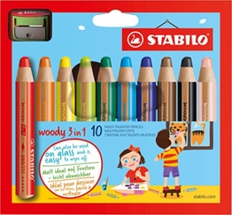 STABILO woody 3 in 1 - Buntstift, Wasserfarbe und Wachsmalkreide in einem- 10er Set - mit Spitzer -