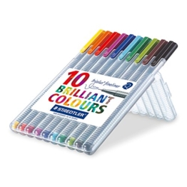 Staedtler 334 SB10 Fineliner triplus (dreikant, Set mit 10 brillanten Farben, hohe Qualität Made in Germany, superfeine, metallgefasste Spitze, Linienbreite ca. 0.3 mm, aufstellbare Staedtler-Box) -