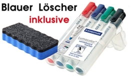 Staedtler 351 WP4 Lumocolor Whiteboardmarker, 4 Stück in aufstellbarer Staedtler Box, farblich sortiert im Bonus Pack mit blauem Löscher -