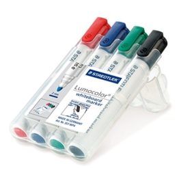 Staedtler 351 WP4 Whiteboard-Marker Lumocolor (Rundspitze ca. 2 mm Linienbreite, Set mit 4 Farben, hohe Qualität Made in Germany, trocken und rückstandsfrei abwischbar von Whiteboards) -