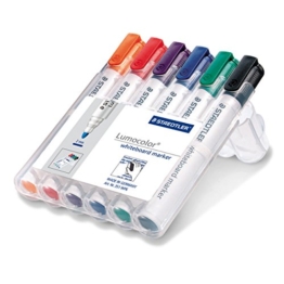 Staedtler 351 WP6 Whiteboard-Marker Lumocolor (Rundspitze ca. 2 mm Linienbreite, Set mit 6 Farben, hohe Qualität Made in Germany, trocken und rückstandsfrei abwischbar von Whiteboards) -