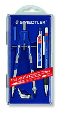 Staedtler Mars Comfort Zirkel, Schnellverstellzirkel, Etui mit Klappdeckel, Bonuspack Druckbleistift und Feinminen GRATIS, blau-silber, 552 01 PR1 -